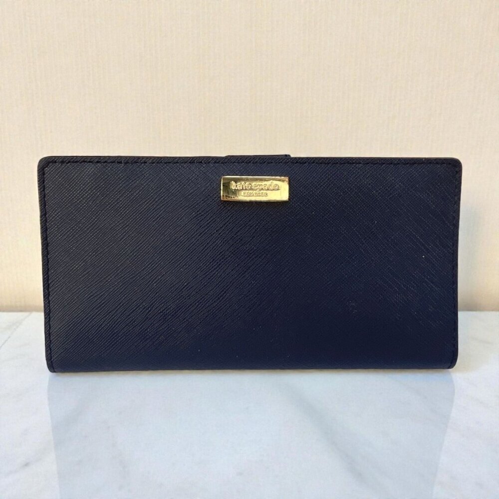 Kate Spade Large Slim Bifold Wallet Navy Saffiano Leather Gold Hardware 7"x3.5"
